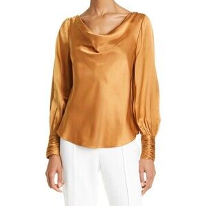 NWT Cinq A Sept Size L Taylee Metallic Brown Silk Satin Long Sleeve Blouse NEW